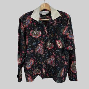 Norma Walters Women Blouse Silk Asian Floral sz 4 Long Tasseled Sleeves 80's VTG